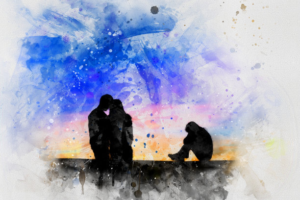 画水彩画三个人之间复杂的爱情关系。一个男人和两个女人，三角恋。她看到她的男人和另一个女人在一起，吃醋了。数码艺术风格，插画。图片下载