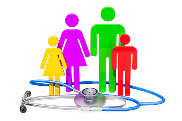 听诊器和家人在一起。医疗保健和医疗保险概念。三维渲染图片下载