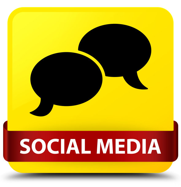 社交媒体(聊天气泡图标)黄色方块按钮红丝带在中间图片下载