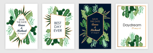 带有卡通仙人掌的婚礼请柬模板。覆盖集。矢量图图片下载