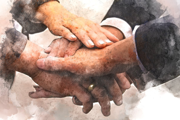 抽象手团队水彩画背景。图片下载