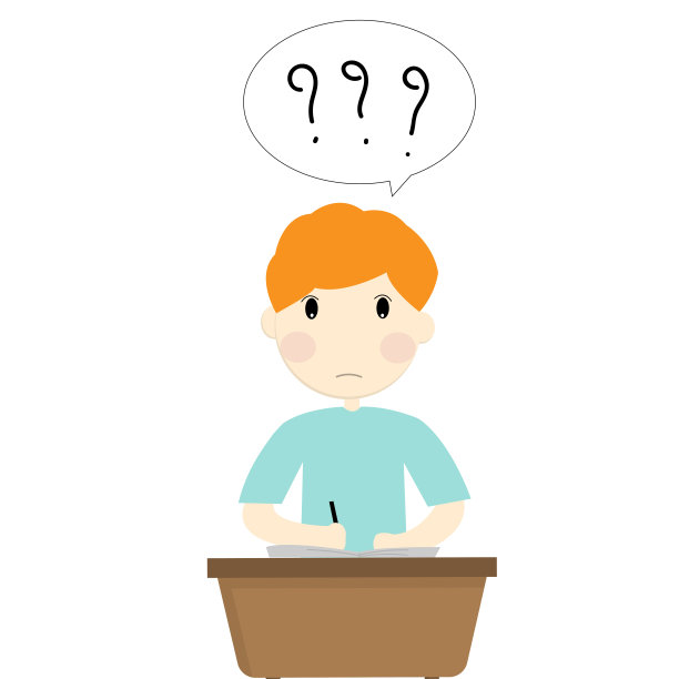 一个男生坐在课桌前，在笔记本上写着带问号的语音泡泡。矢量图素材图片