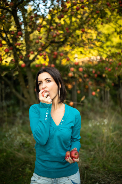 可爱的年轻女子在果园里摘苹果图片下载