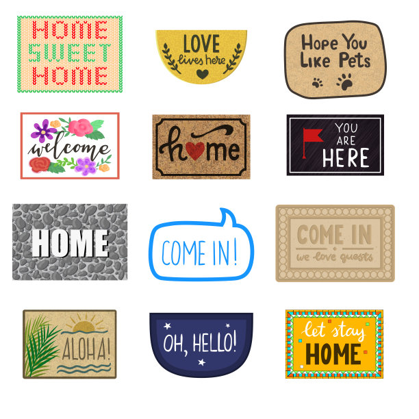 家垫向量欢迎前门入口门垫和门口席子地毯为游客插图家居套回家进入装饰隔离在白色的背景图片下载