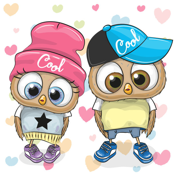 两只可爱的猫头鹰在一个白色和灰色的背景图片下载