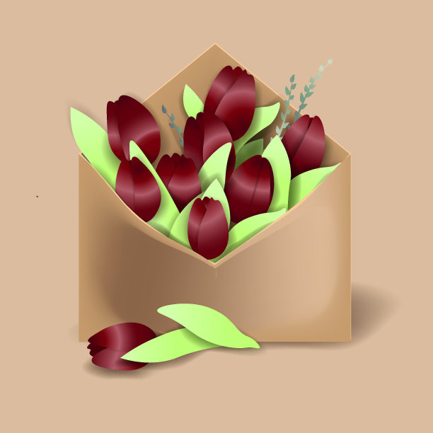 博尔多色的郁金香在纸信封里，春天和一朵花分别躺着图片下载