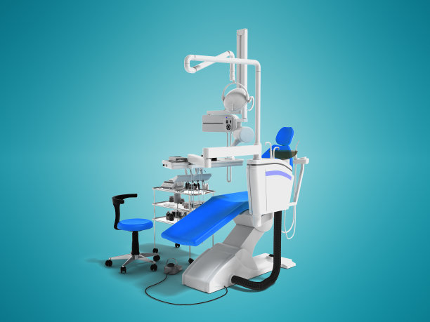 现代蓝色扶手椅的牙医与白色床头柜与工具和背光牙科工作3d渲染与阴影的蓝色背景图片下载