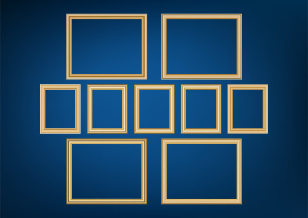 一套装饰框架图片与黄金边界，矢量设计的蓝色背景与溢价概念的空间。图片下载