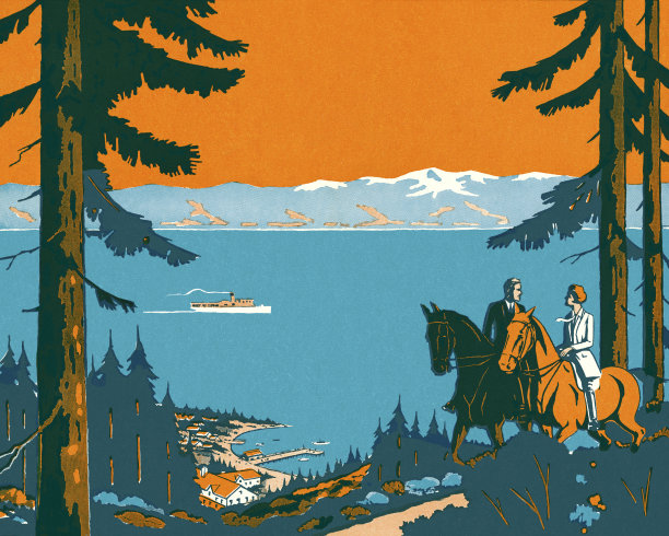 两个人在马背上俯瞰一个湖图片下载