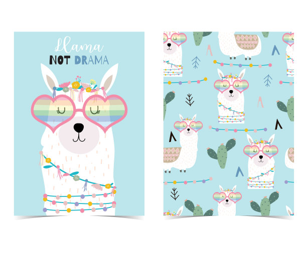 蓝手画可爱的卡片上有羊驼，心形眼镜和仙人掌图片下载