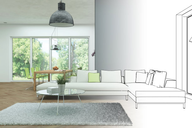 室内设计现代阁楼绘图渐变到照片图片下载