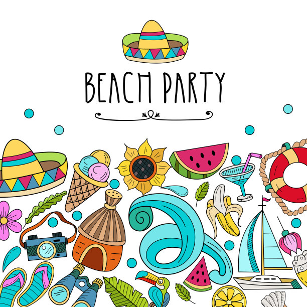 卡通手绘海报组成的个别元素。夏天，休息，大海，休息。矢量插图。图片下载