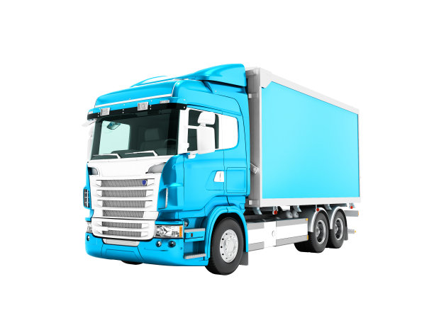 现代蓝色卡车与蓝色身体与白色插入运输货物到左侧3d渲染上的白色背景没有阴影图片下载