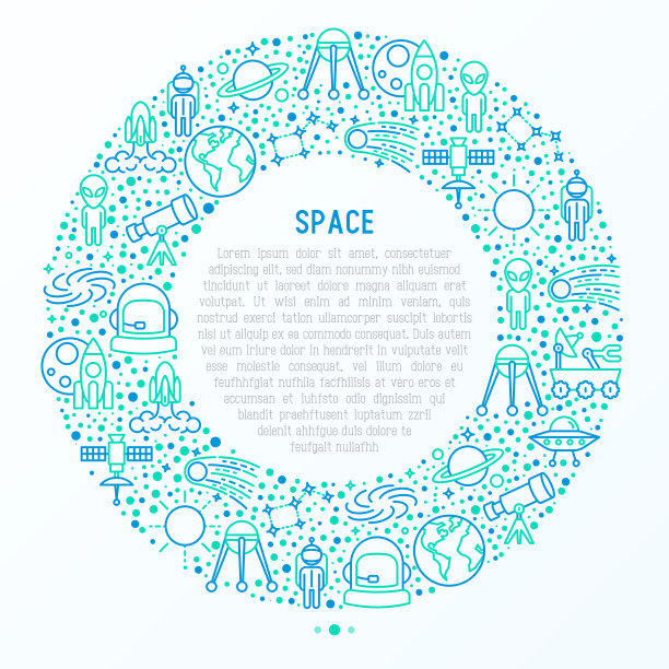 用细线标出的圆形空间概念:火箭、地球、月球车、空间站、望远镜、外星人、陨石。现代矢量插图横幅，印刷媒体，网页。图片下载