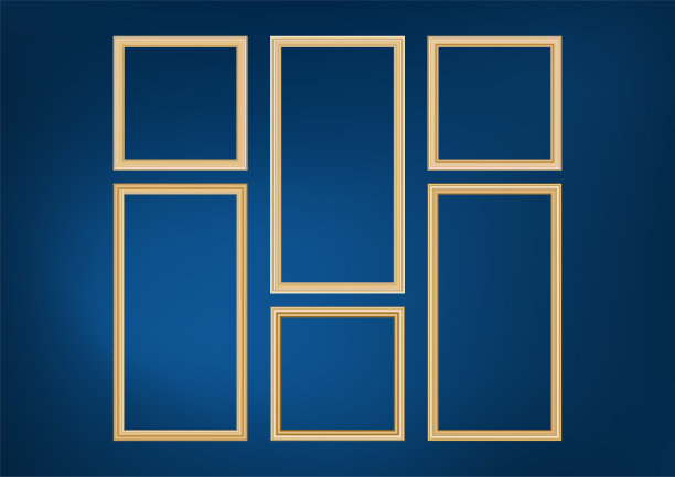 一套装饰框架图片与黄金边界，矢量设计的蓝色背景与溢价概念的空间。图片下载