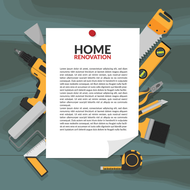 纸通知作为框架与标题家居装修和复制空间为您的文本别针在木板上，装饰与黄色家居维修工具。家居装修模板概念图片下载