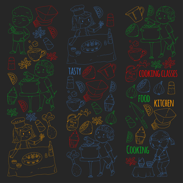 烹饪课横幅，幼儿园幼儿课程。厨房用具，厨房用品，厨具。矢量图案与涂鸦图标。图片下载