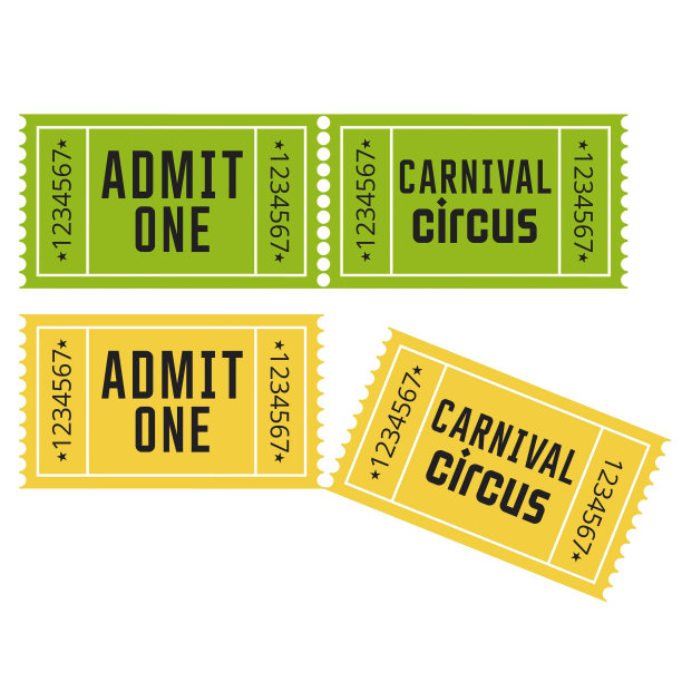 巴西狂欢节快乐。绿色和黄色的马戏团门票与黑色印刷在白色的背景图片下载
