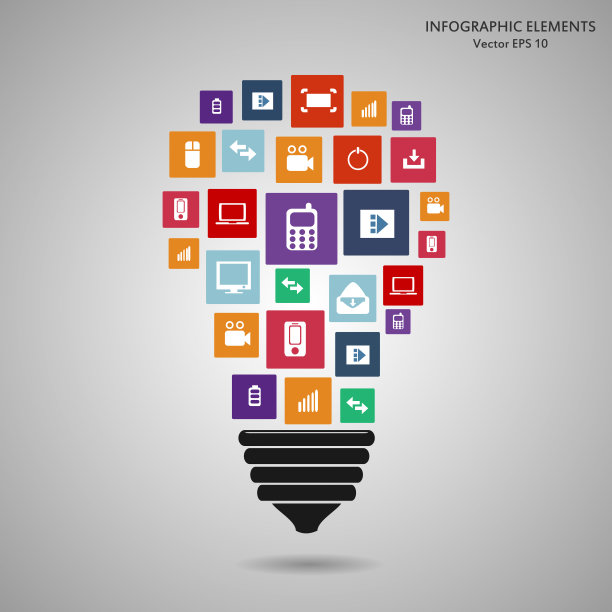 现代灯泡与云彩的彩色应用程序图标。矢量插图创意模板设计，商业软件和社会媒体的概念图片下载