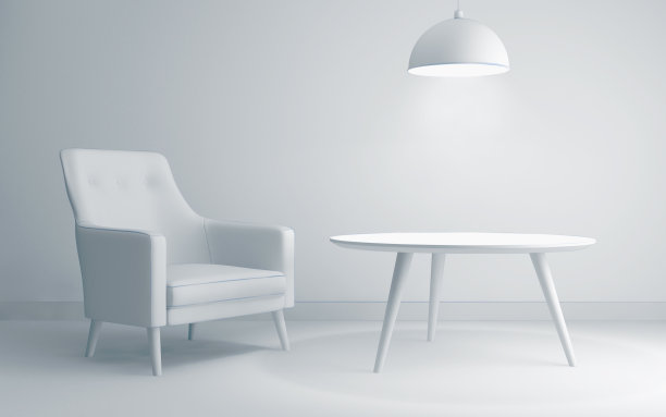 室内有真皮扶手椅、顶灯和边桌。三维渲染图片下载