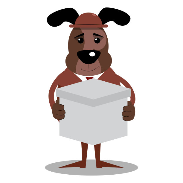 商业狗拿着白色的盒子。图片下载