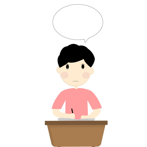 一个男生坐在课桌前，在笔记本上写着话泡。矢量图素材图片