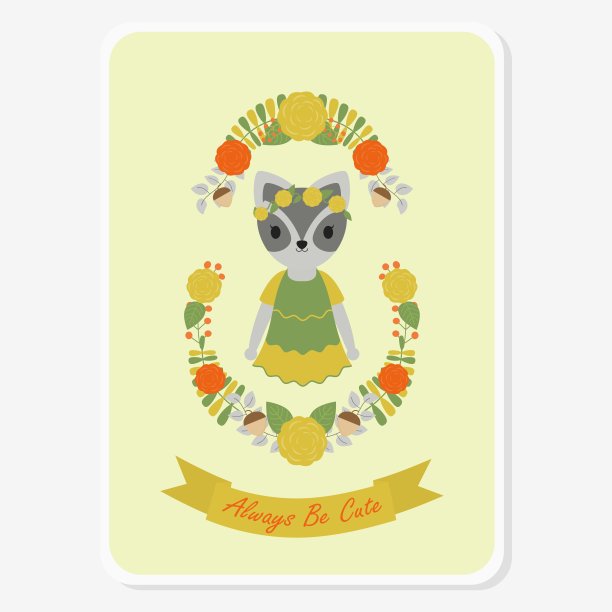 可爱的浣熊女孩花圈，适合贺卡设计图片下载