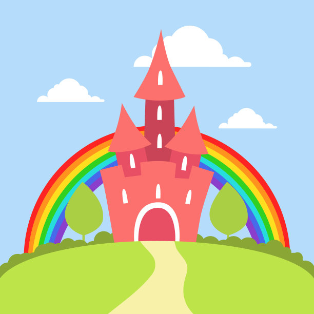 可爱的红色童话城堡与彩虹和夏季景观矢量插图图片下载