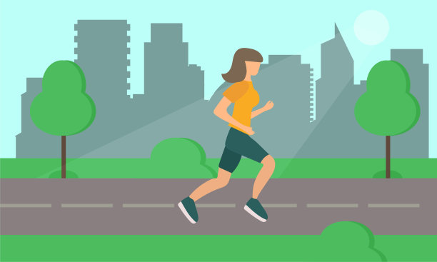 在城市公园的路上奔跑的女人。向量。图片下载
