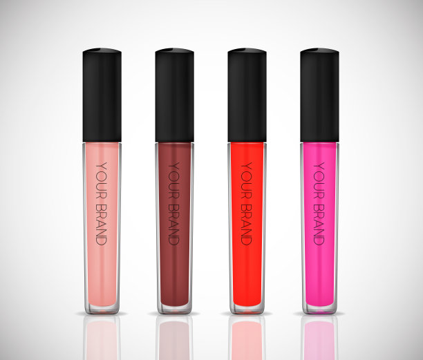 液体口红，唇彩在优雅的玻璃瓶盖，黑色盖子，封闭和开放的容器，刷，隔离。收集。图片下载
