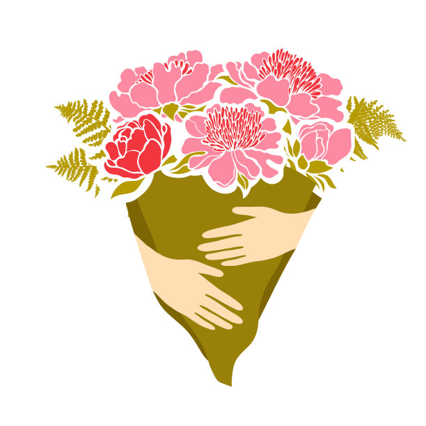 手捧一束牡丹和蕨类植物。矢量插图。图片下载