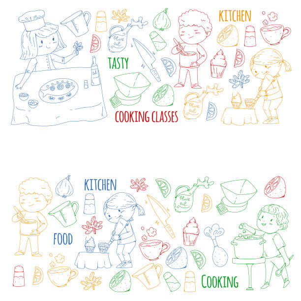 烹饪课横幅，幼儿园幼儿课程。厨房用具，厨房用品，厨具。矢量图案与涂鸦图标。图片下载