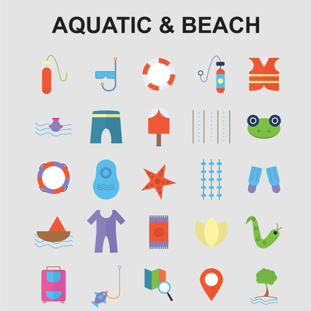 水生海滩图标设置矢量图片下载