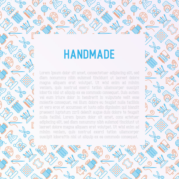 手工概念与细线图标:缝纫机，针织，刺绣，绘图，刺绣，剪刀，线，纱，针。现代矢量插图，模板车间，打印媒体。图片下载