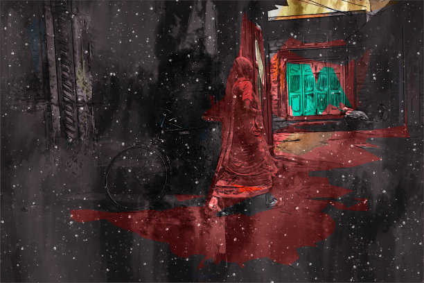 数字绘画的人走在街道上的夜晚，黑暗色调的形象图片下载