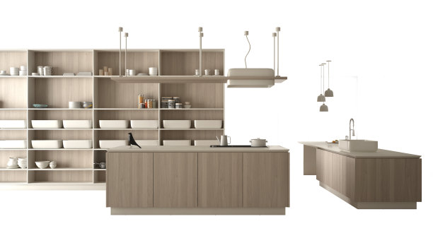 现代白色厨房与木质细节在当代豪华公寓，室内设计理念理念，孤立在白色背景与复制空间，极简主义家具图片下载