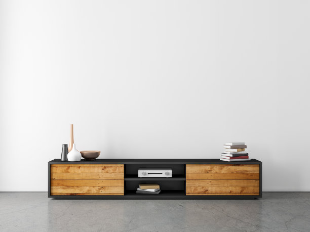 现代写字台或电视控制台模型在空房间混凝土地板图片下载