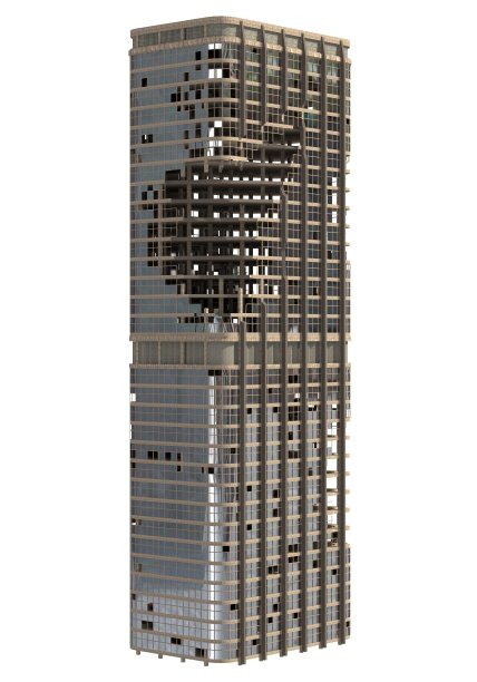 废墟摩天大楼孤立的白色3D插图图片下载