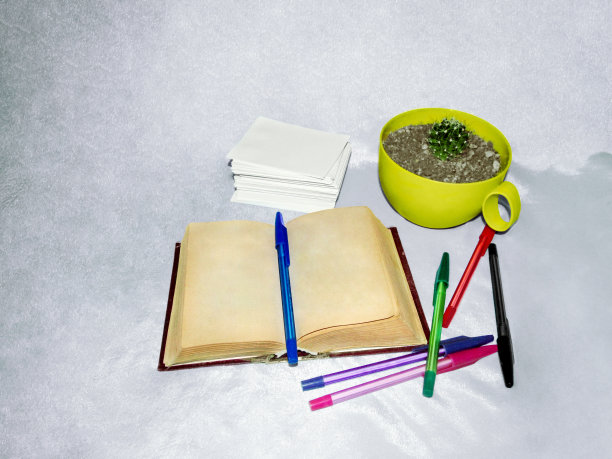 一本书页发黄的旧书，彩色钢笔，一堆白纸和仙人掌图片下载