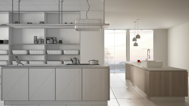 建筑师室内设计师概念:将未完成的项目变成现实，极简奢华昂贵的白色木质厨房，开放空间，现代室内设计概念理念图片下载