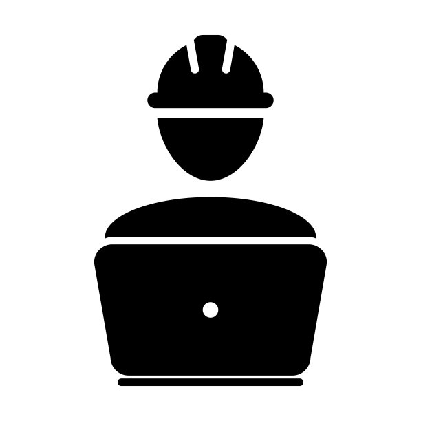 支持工人图标向量男性建筑服务人员档案头像与笔记本电脑和安全帽头盔在字形象形图图片下载