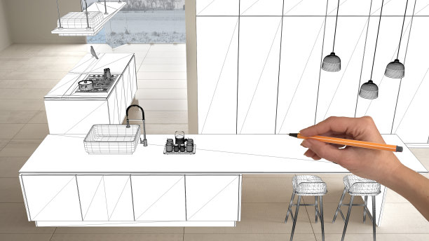 未完成的项目，正在施工图，概念室内设计图，手绘蓝图厨房效果图，在真实的背景，建筑师和设计师的想法图片下载