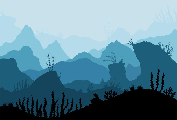 水下海洋场景。深蓝色的海水，珊瑚礁和水下植物。海洋的海底剪影与海藻，藻类和珊瑚。背景矢量图图片下载