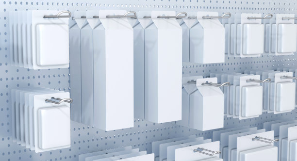 空白包装上的商品挂钩，橱窗碎片。三维演示图片下载