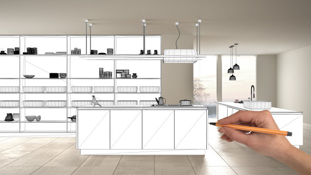 未完成的项目，正在施工图，概念室内设计图，手绘蓝图厨房效果图，在真实的背景，建筑师和设计师的想法图片下载