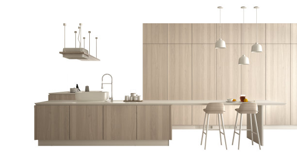 现代白色厨房与木质细节在当代豪华公寓，室内设计理念理念，孤立在白色背景与复制空间，极简主义家具图片下载