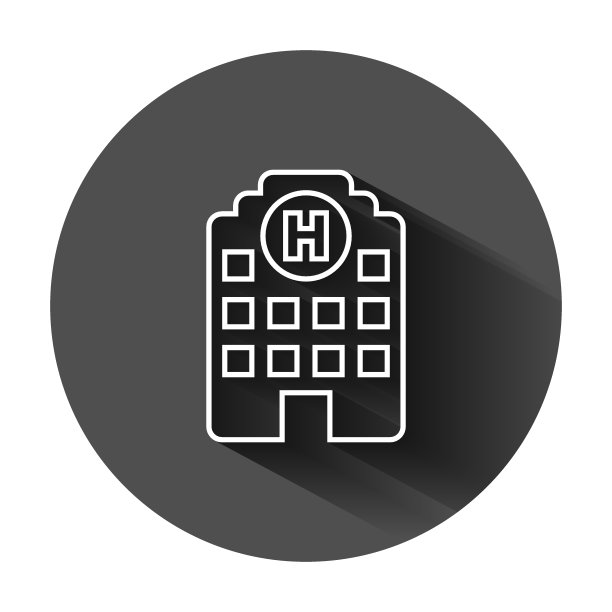 扁平风格的医院建筑图标。黑色圆形背景上的医务室矢量图，带有长阴影。医疗救护商业概念。图片下载