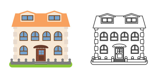 房子正面视图在平坦和线条风格图片下载