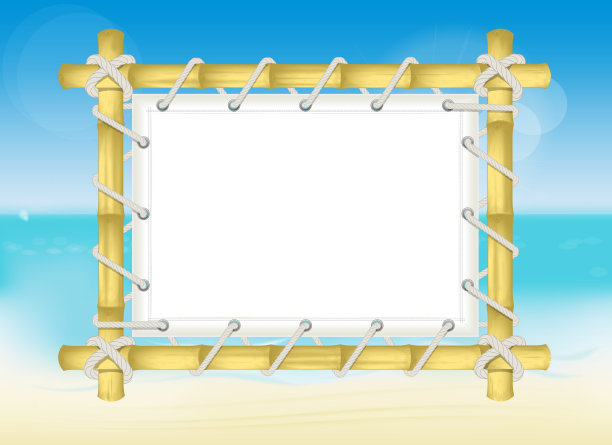 模板竹框架与延伸用绳子白色旗帜。以夏日海滩为背景图片下载