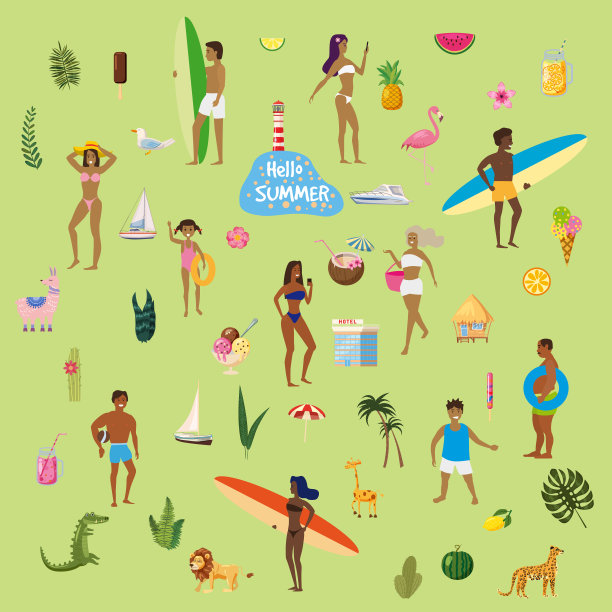 暑假。许多人在海滩或海滨放松和进行夏季户外活动-日光浴，散步，携带冲浪板，在大海游泳，海洋。冰淇淋，饮料，奇异的动植物，船。趋势平卡通图片下载